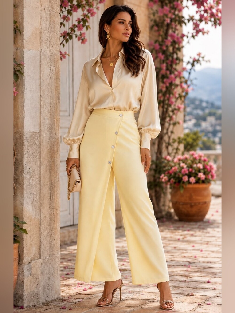 OZ73 Made In Italy Viscose Leg Pareo Wrap Front Pants in Pale Yellow